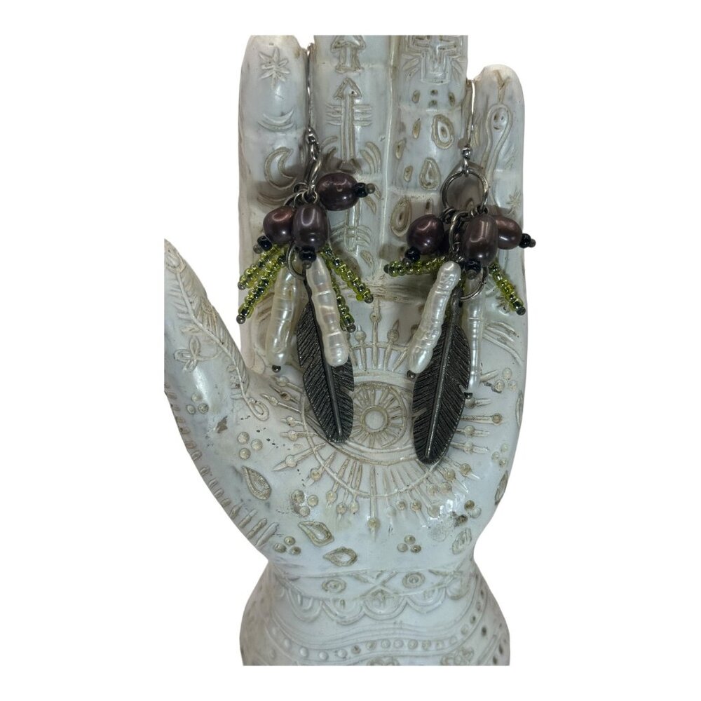 Sterling Genuine Pearl Dangle Earrings Biwa Pearls Feather Detail Beautiful Fun - Picture 4 of 7